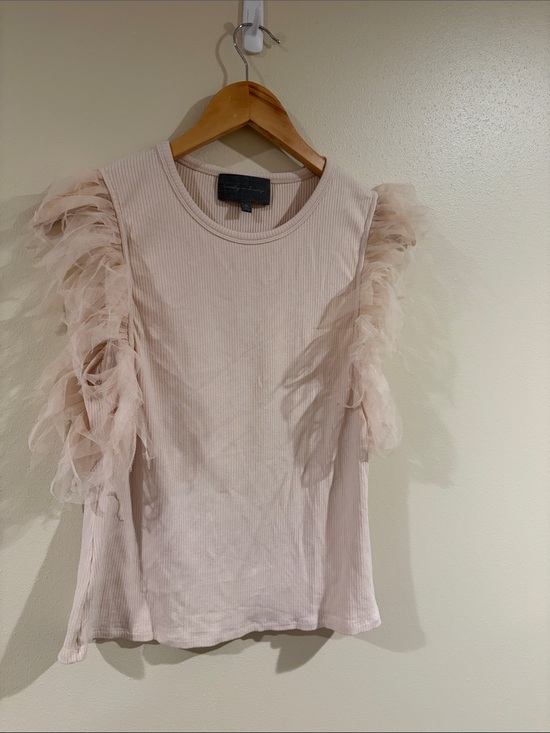 Sunday in Brooklyn Tops - Sunday in Brooklyn Blush Feather-Trim Ribbed Tank Anthropologie